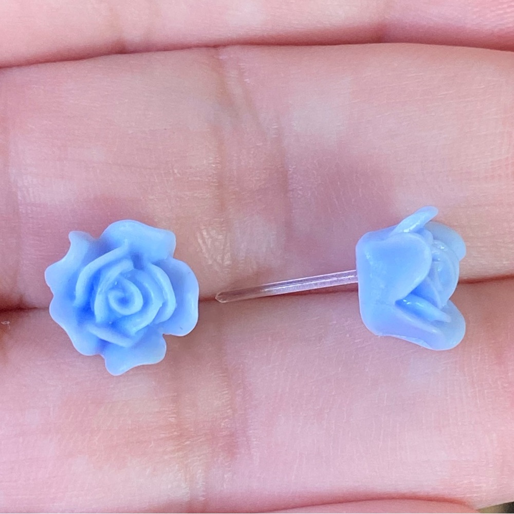 Blue Rose Flower Hypoallergenic Stud Earrings - Picture 2 of 2